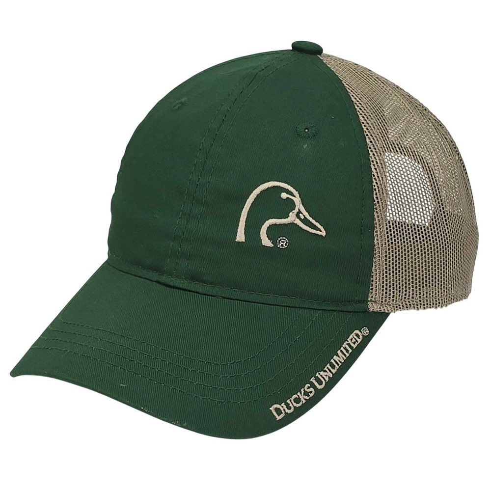 Ducks Unlimited Trucker Hat OSFA Green Tan Mesh Back Hunting Fishing Outdoor Cap